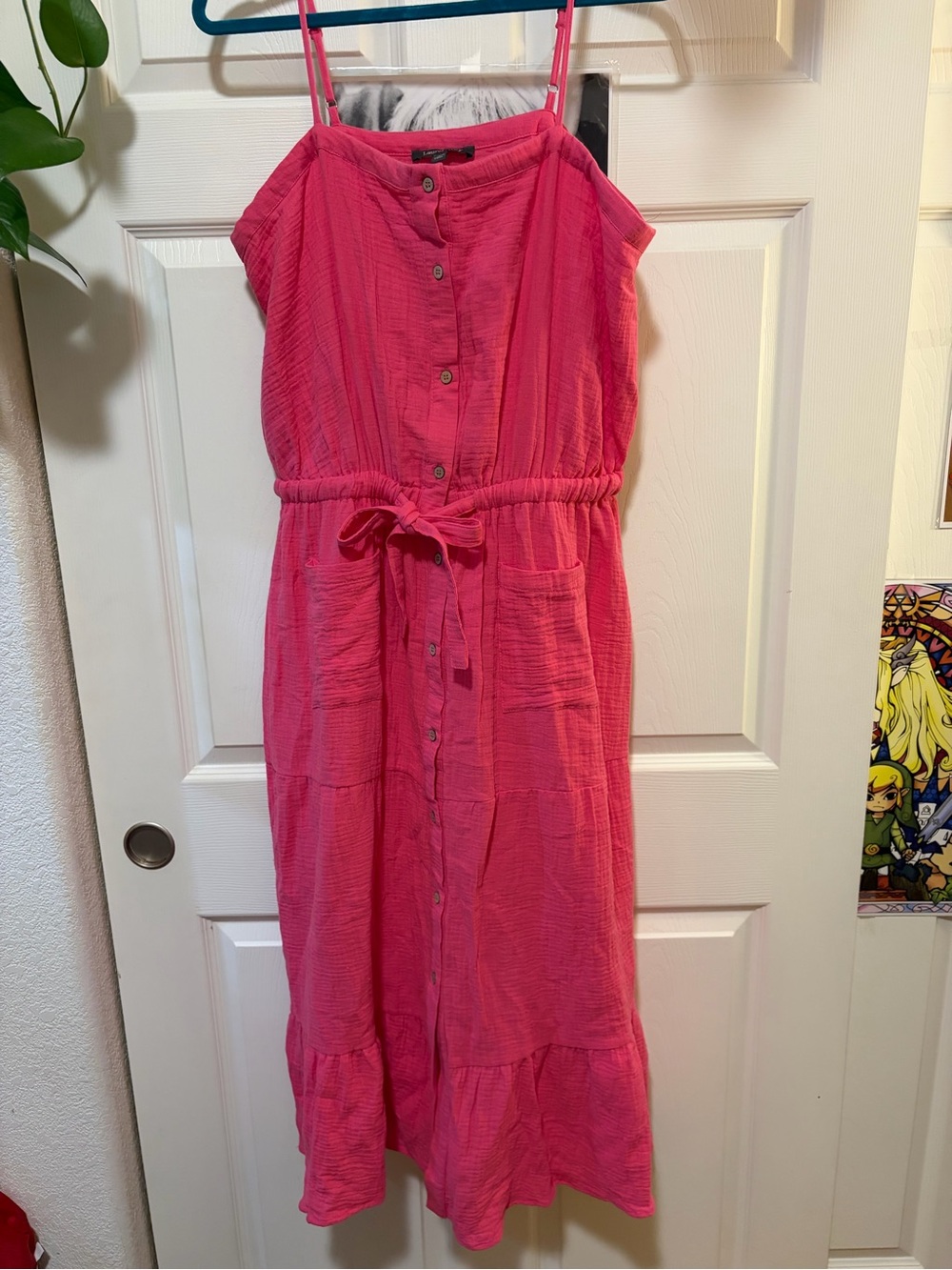 Sleeveless Pink Button-Front Maxi Dress with Tie Waist